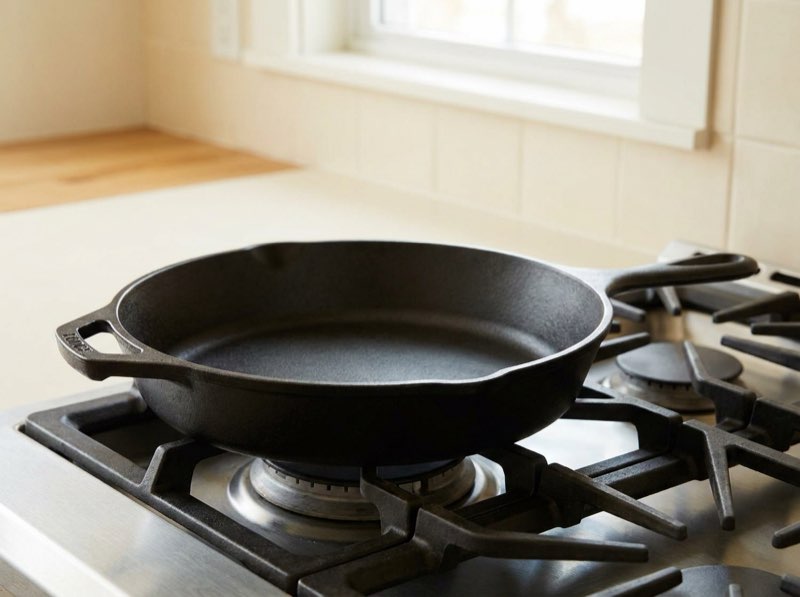 A black cast iron skillet on a gas stovetop.